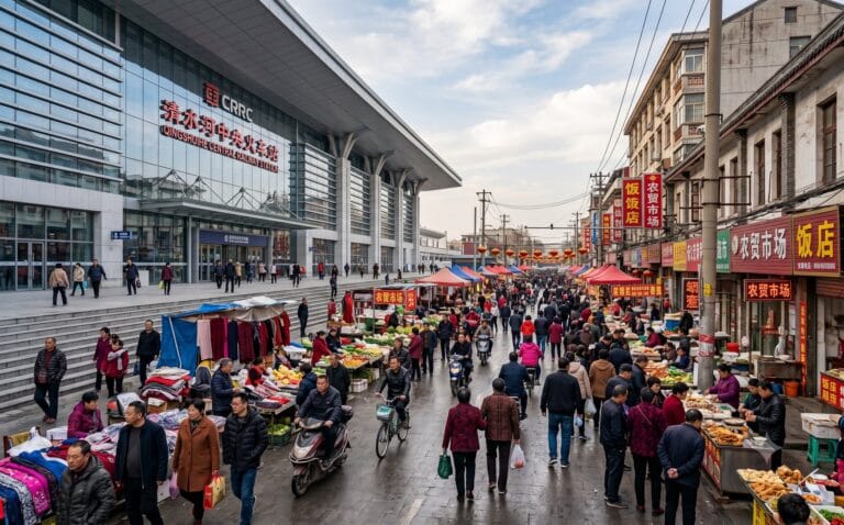 Glanzend nieuw station van glas en staal tegenover een traditionele markt in een westelijke Chinese stad