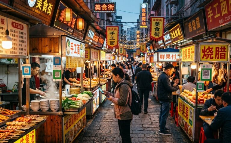Levendige Chinese marktstraat bij avond waar klanten bij elke kraam met hun telefoon een QR-code scannen