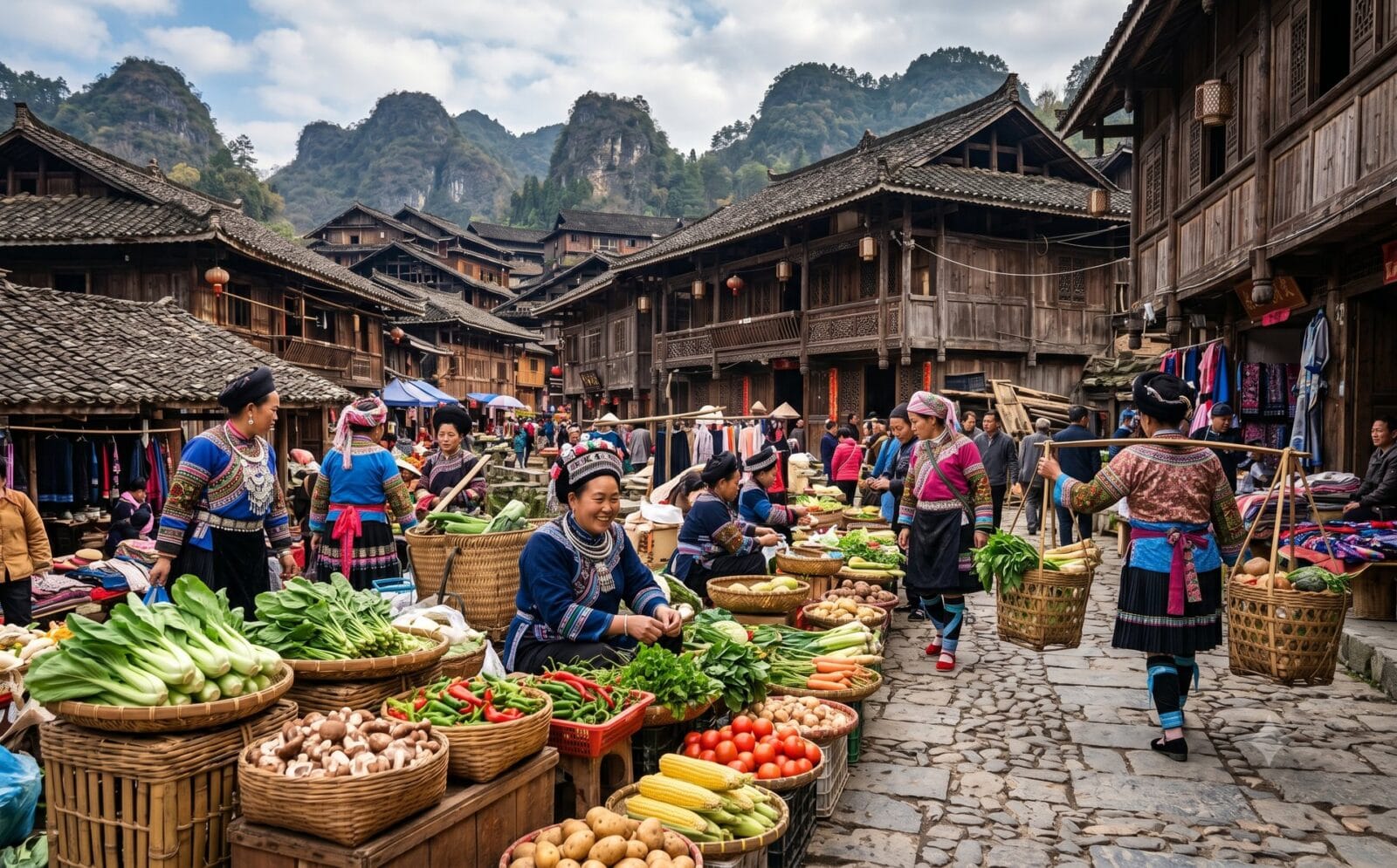 Levendige markt met marktvrouwen in traditionele kleding en manden groente in zuidwest-China
