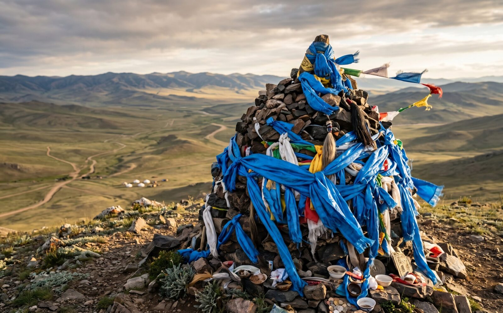 Oovo met blauwe khadag-sjaals op een Mongoolse bergpas