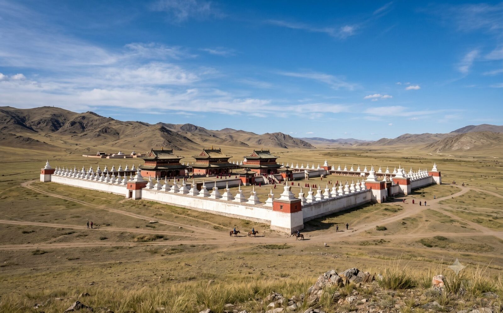 Erdene Zuu-klooster bij Kharkorin met lange witte muur van stupas