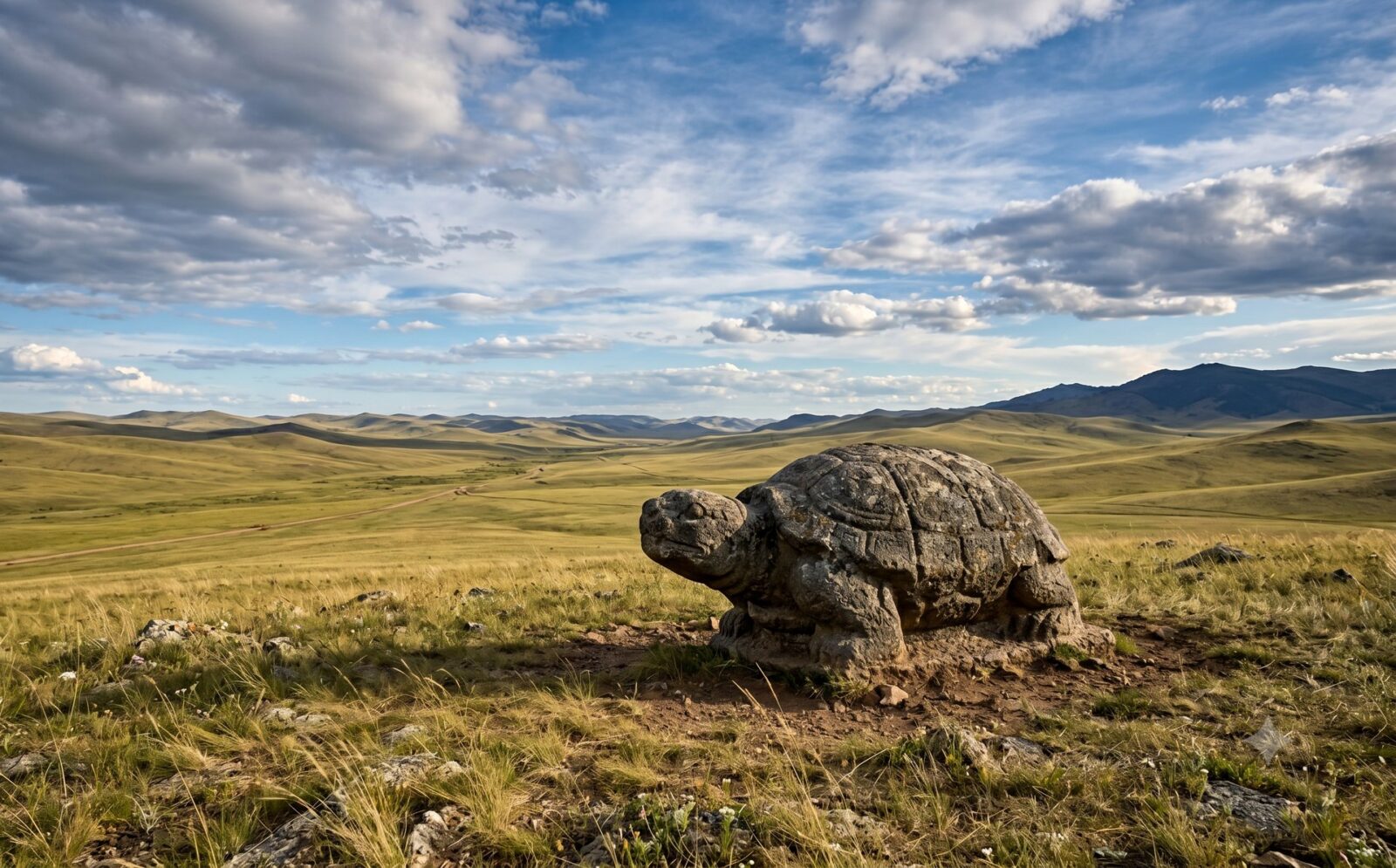 Stenen schildpadmonument op de vlakte van het oude Karakorum