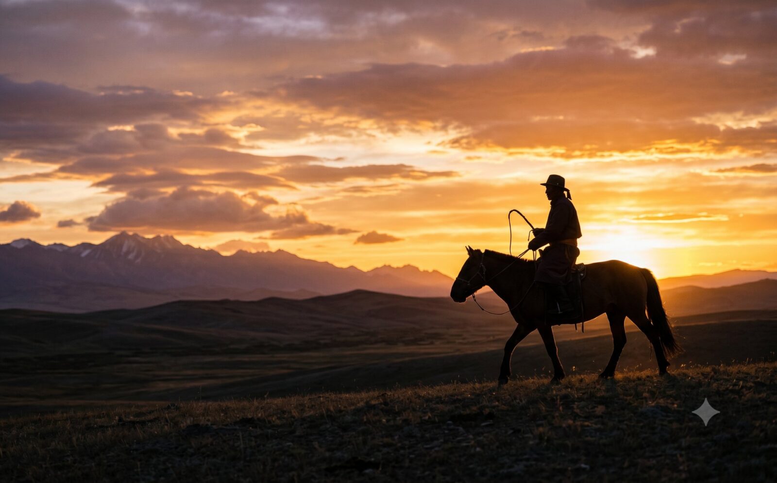 Mongoolse ruiter in silhouet tegen een gouden dageraad op de steppe