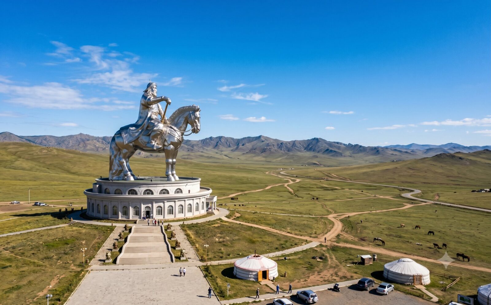Reusachtig roestvrijstalen ruiterstandbeeld van Chinggis Khan op de steppe