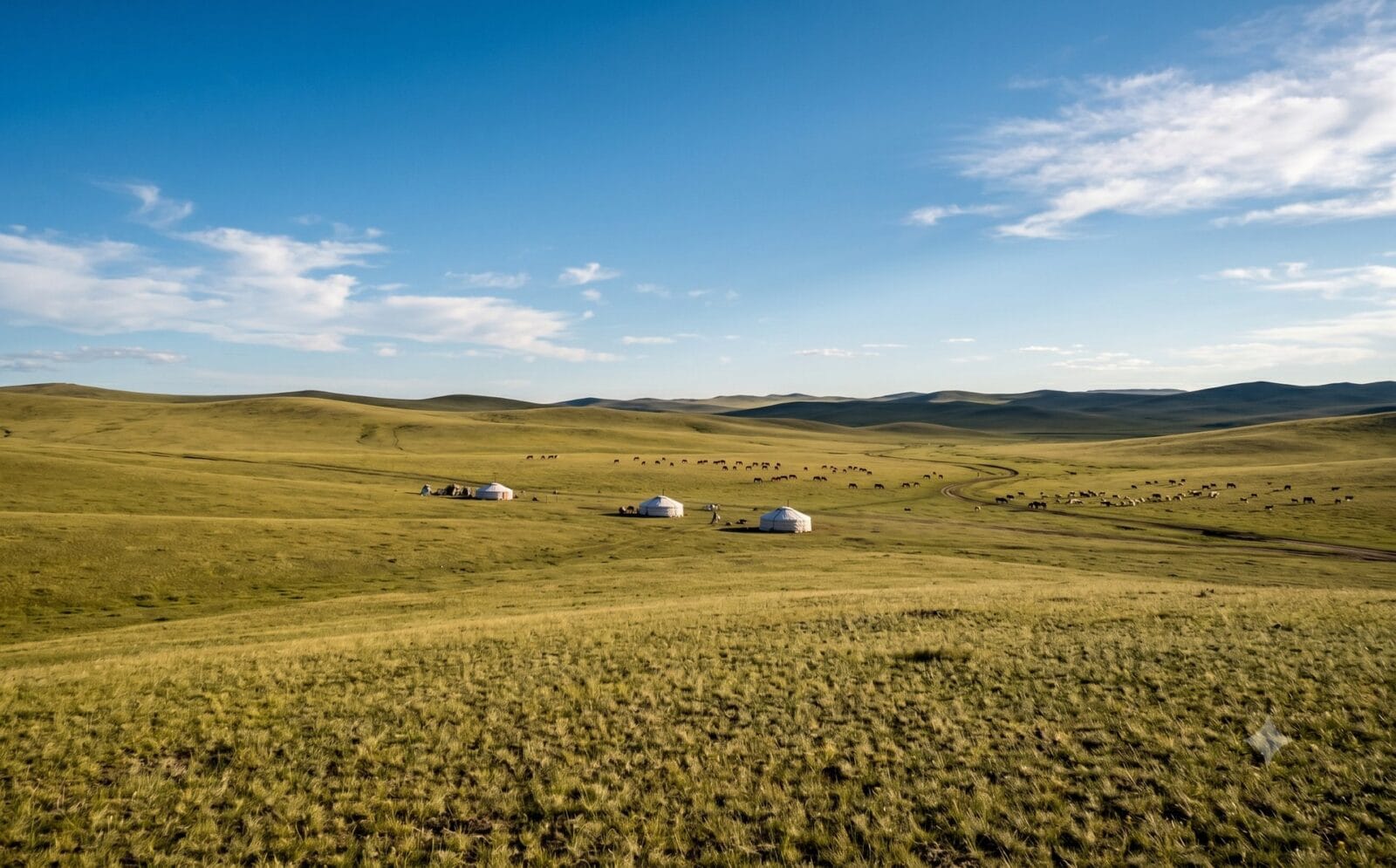 Eindeloze Mongoolse steppe met witte gers en grazende kuddes onder een wijde blauwe lucht