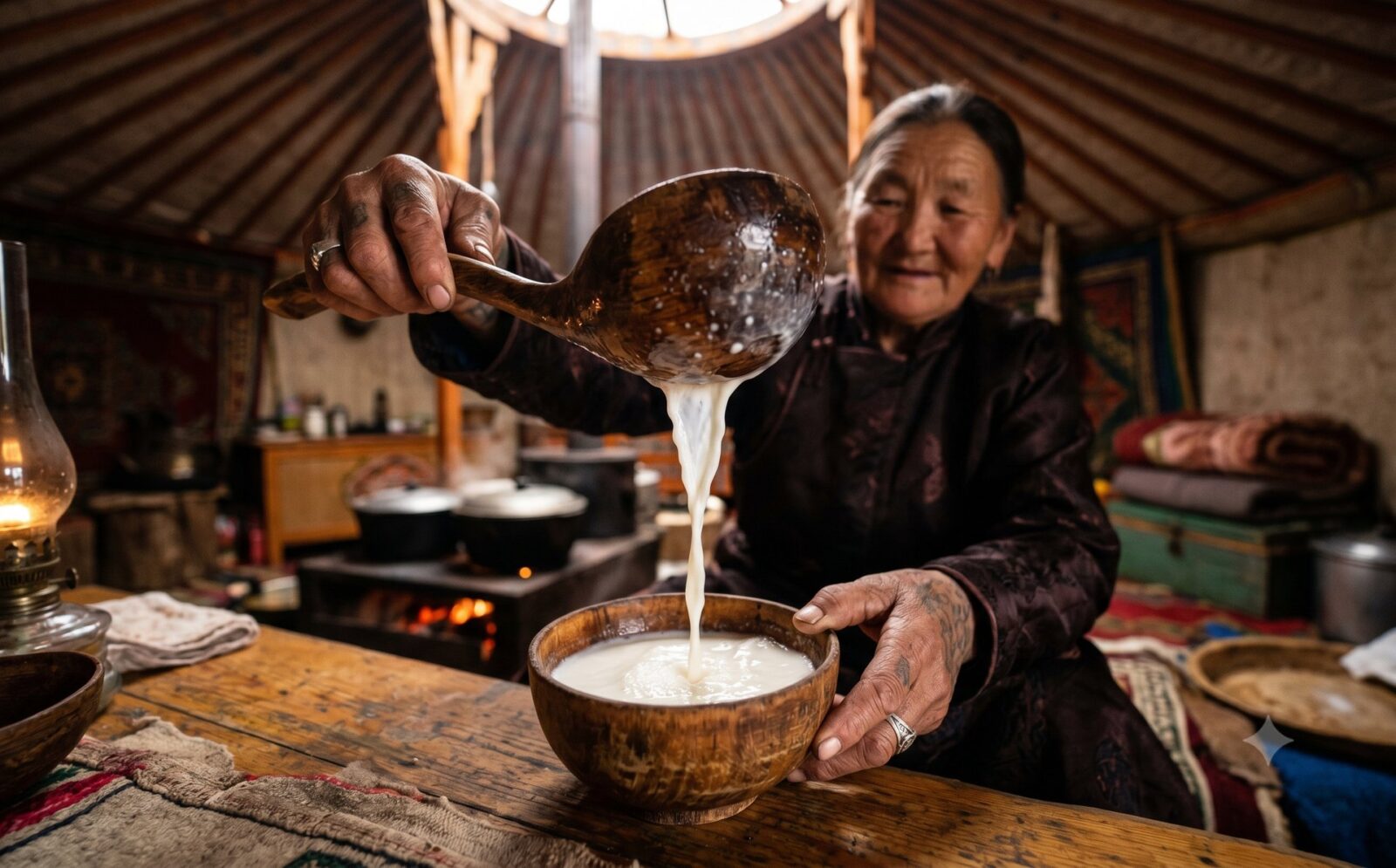 Gegiste merriemelk airag wordt in een ger uit een kom geschonken