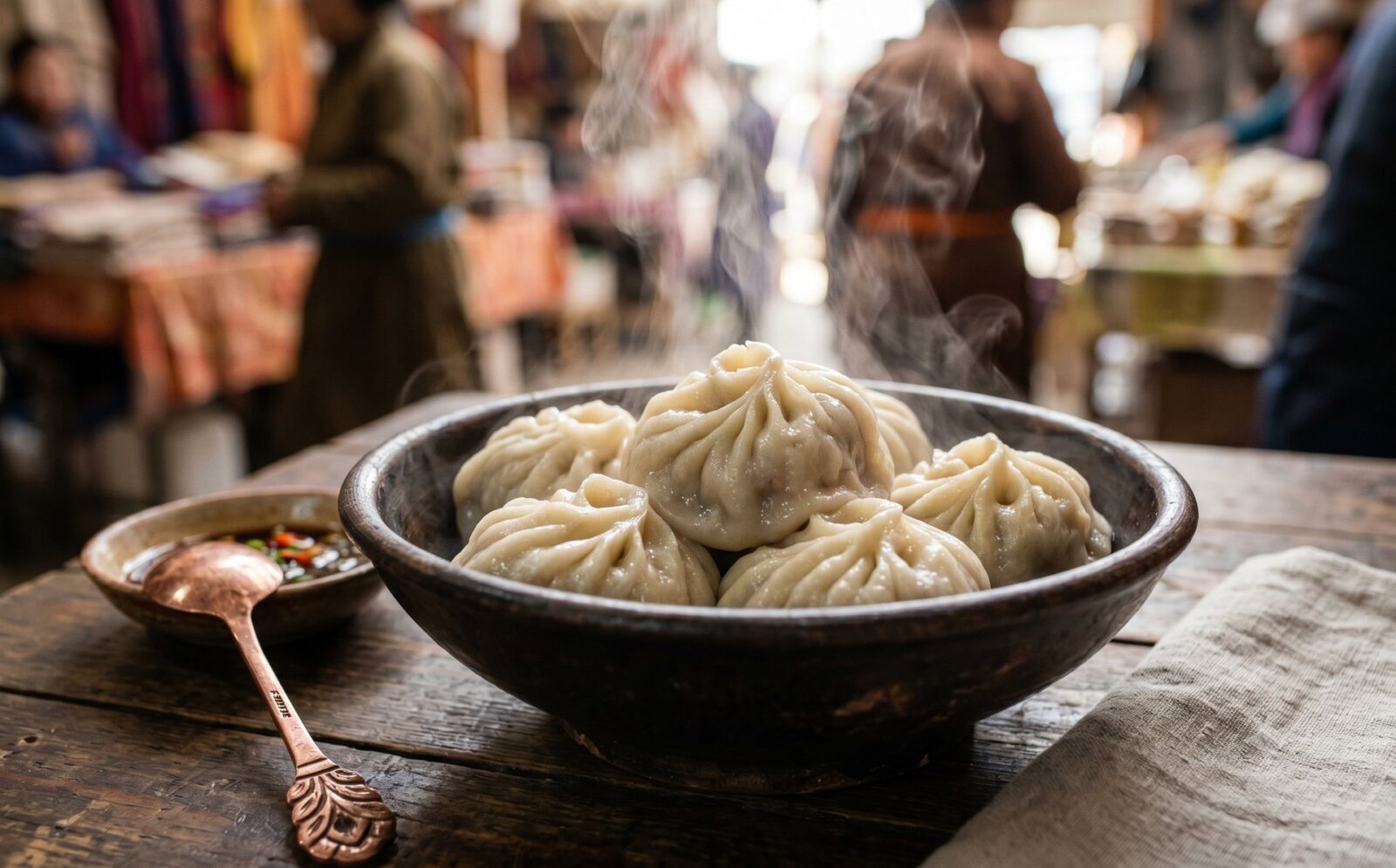 Schaal dampende Mongoolse buuz-dumplings