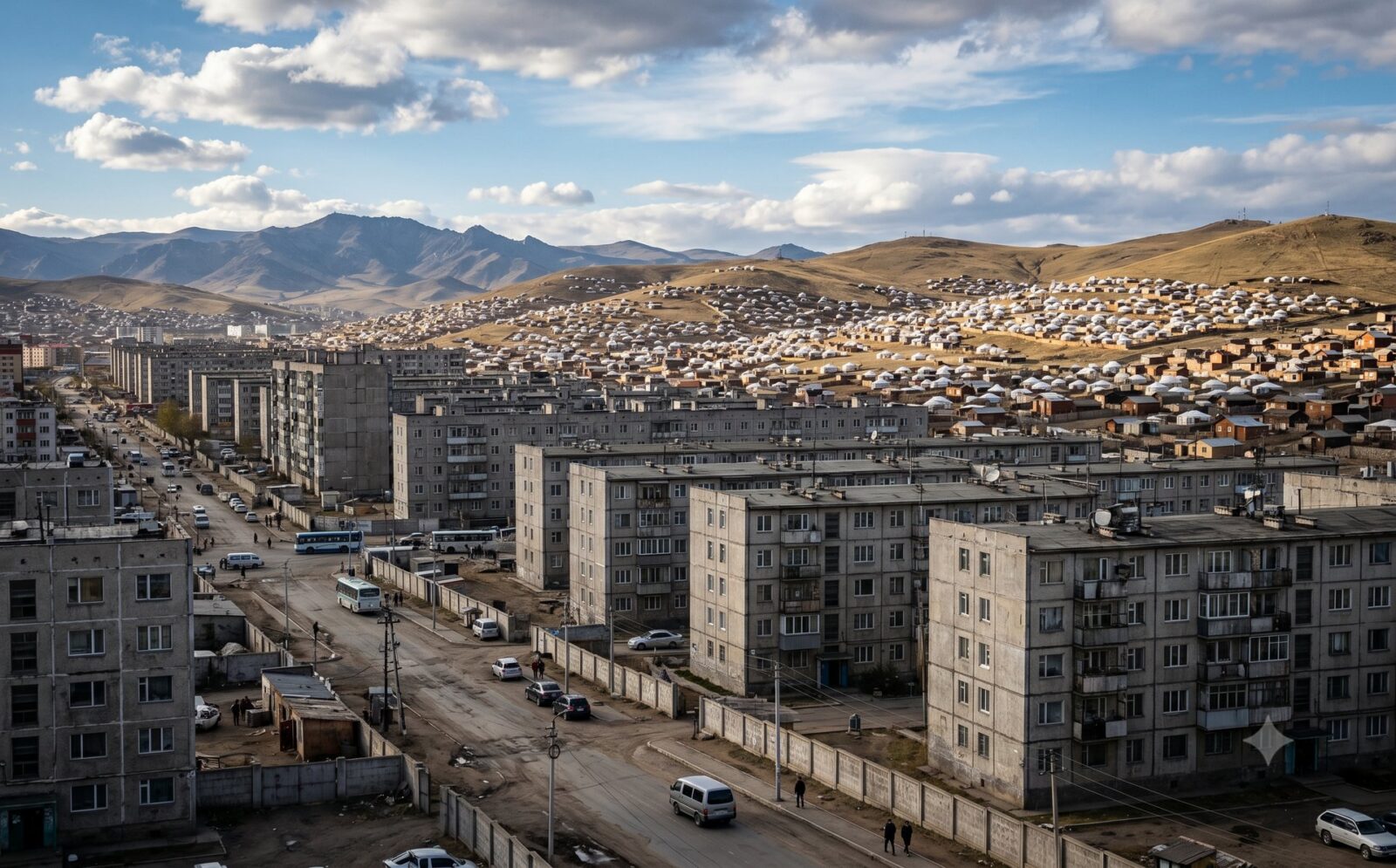 Sovjet-betonflats met daarachter gerwijken op de heuvels van Ulaanbaatar