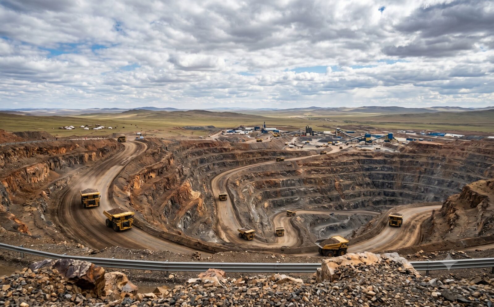 Grote open kopermijn met getrapte wanden in de Mongoolse steppe