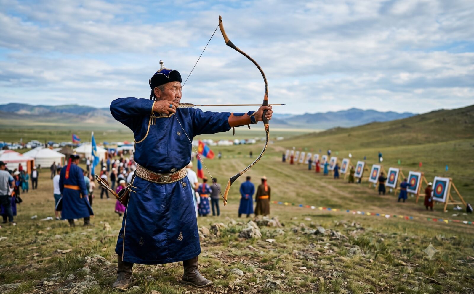 Mongoolse boogschutter in del spant zijn boog op het Nadaam-festival