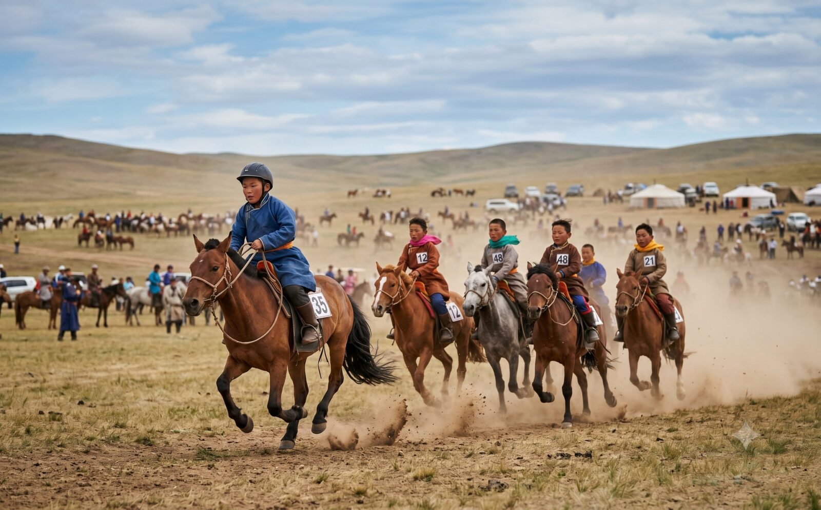 Kinderjockeys galopperen over de steppe tijdens de Nadaam-paardenrace