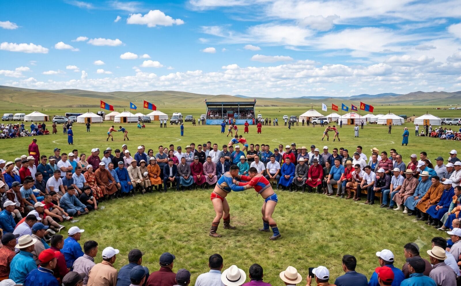 Mongoolse worstelaars op een grasveld omringd door toeschouwers op Naadam