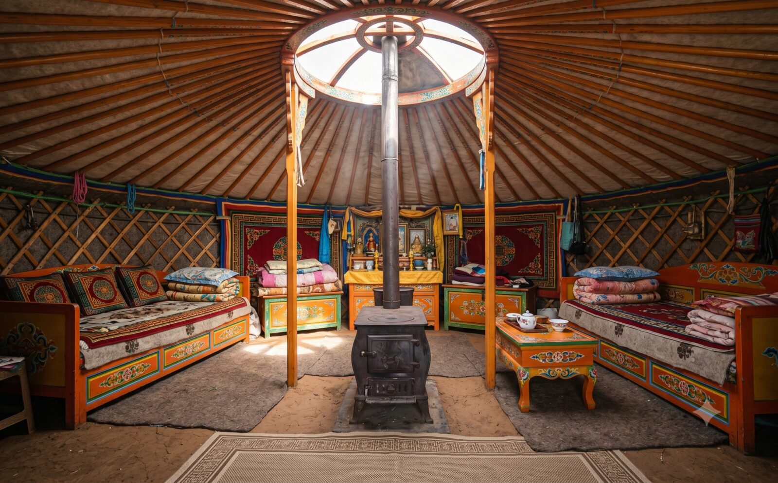 Interieur van een Mongoolse ger met kachel en beschilderd meubilair