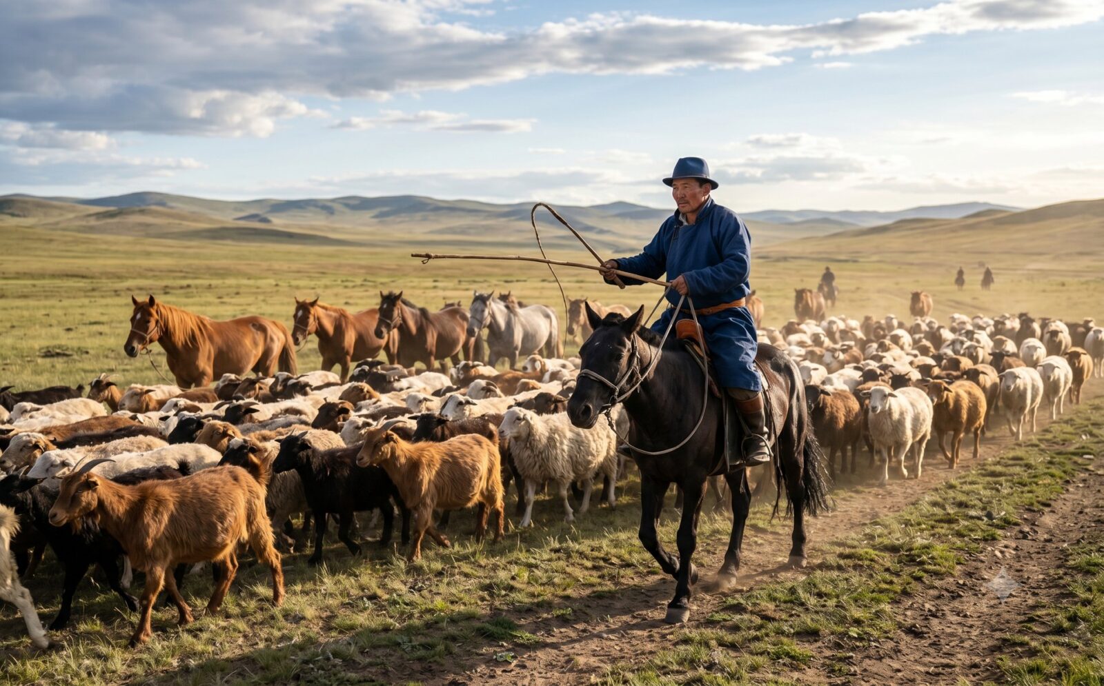 Herder in blauwe del drijft schapen, geiten en paarden over de steppe