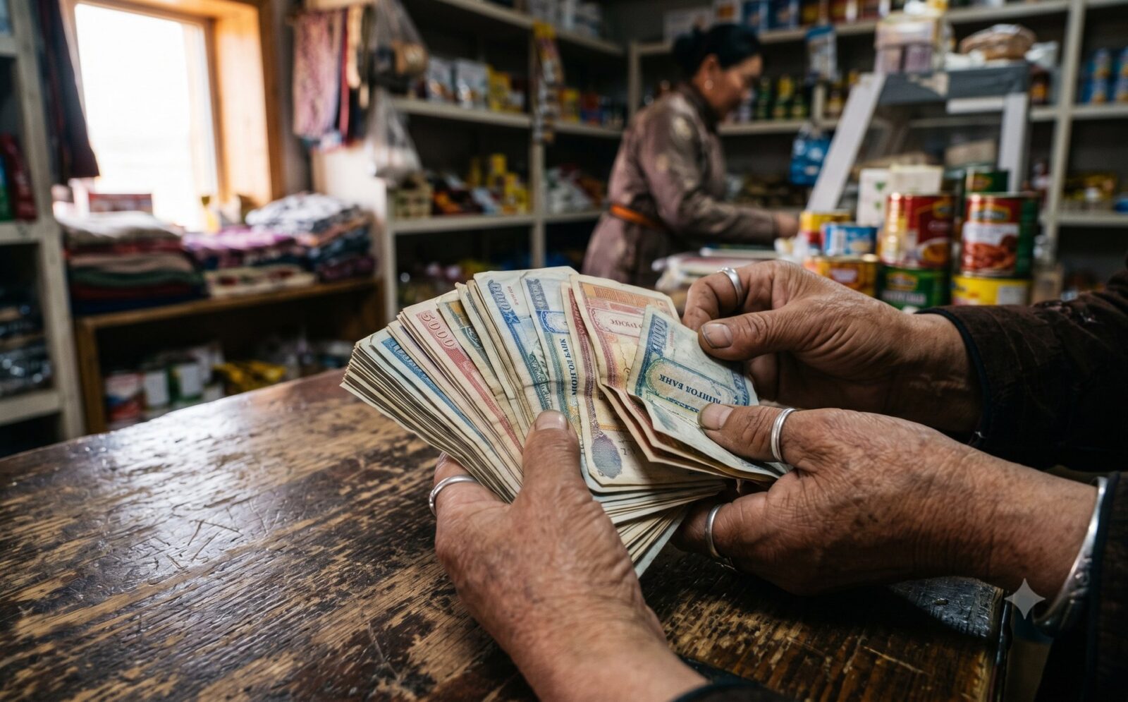 Handen tellen Mongoolse togrog-bankbiljetten in een plattelandswinkel