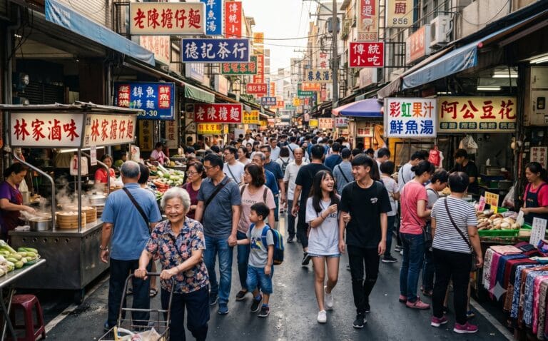 Levendige Taiwanese marktstraat met ouderen, gezinnen en jongeren die langs kraampjes met Chinese opschriften lopen in de namiddag