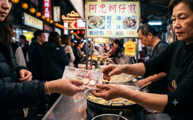 Hand die Nieuwe Taiwanese Dollar-biljetten en munten aanreikt aan een verkoper bij een dampende eetkraam met verlichte menukaart op een nachtmarkt