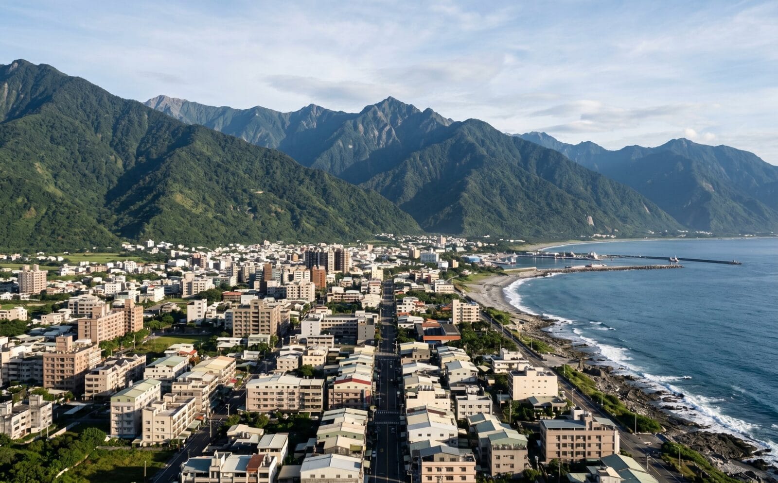 De stad Hualien op een smalle strook land tussen de hoge Central Mountain Range en de Stille Oceaan, met laagbouw en kustlijn in de ochtend