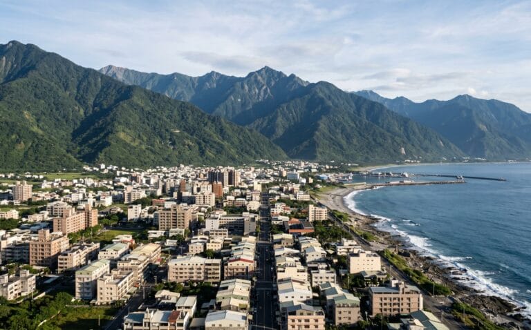 De stad Hualien op een smalle strook land tussen de hoge Central Mountain Range en de Stille Oceaan, met laagbouw en kustlijn in de ochtend