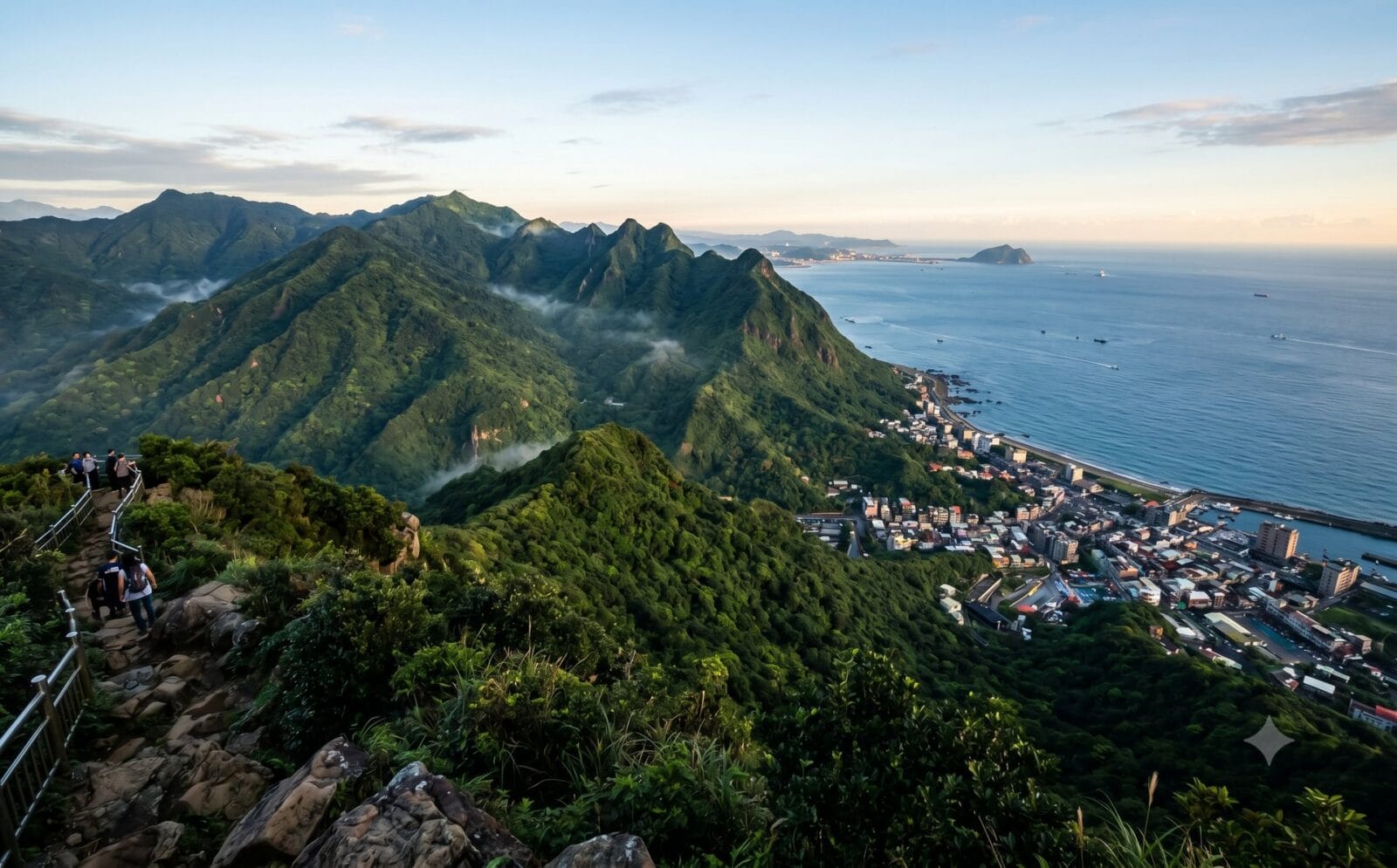 Verhoogd uitzicht over Taiwan met groene beboste bergruggen die aflopen naar een kuststad en de Stille Oceaan in ochtendnevel