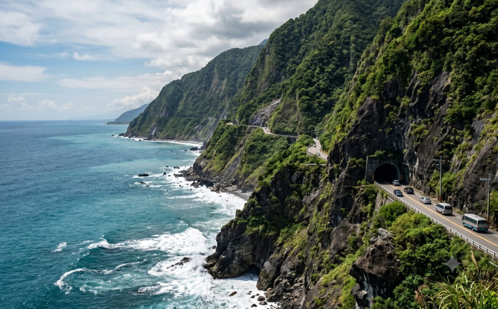 Ruige oostkust van Taiwan met steile groene kliffen die loodrecht in de Stille Oceaan afdalen en een smalle kustweg met tunnel in de rotswand