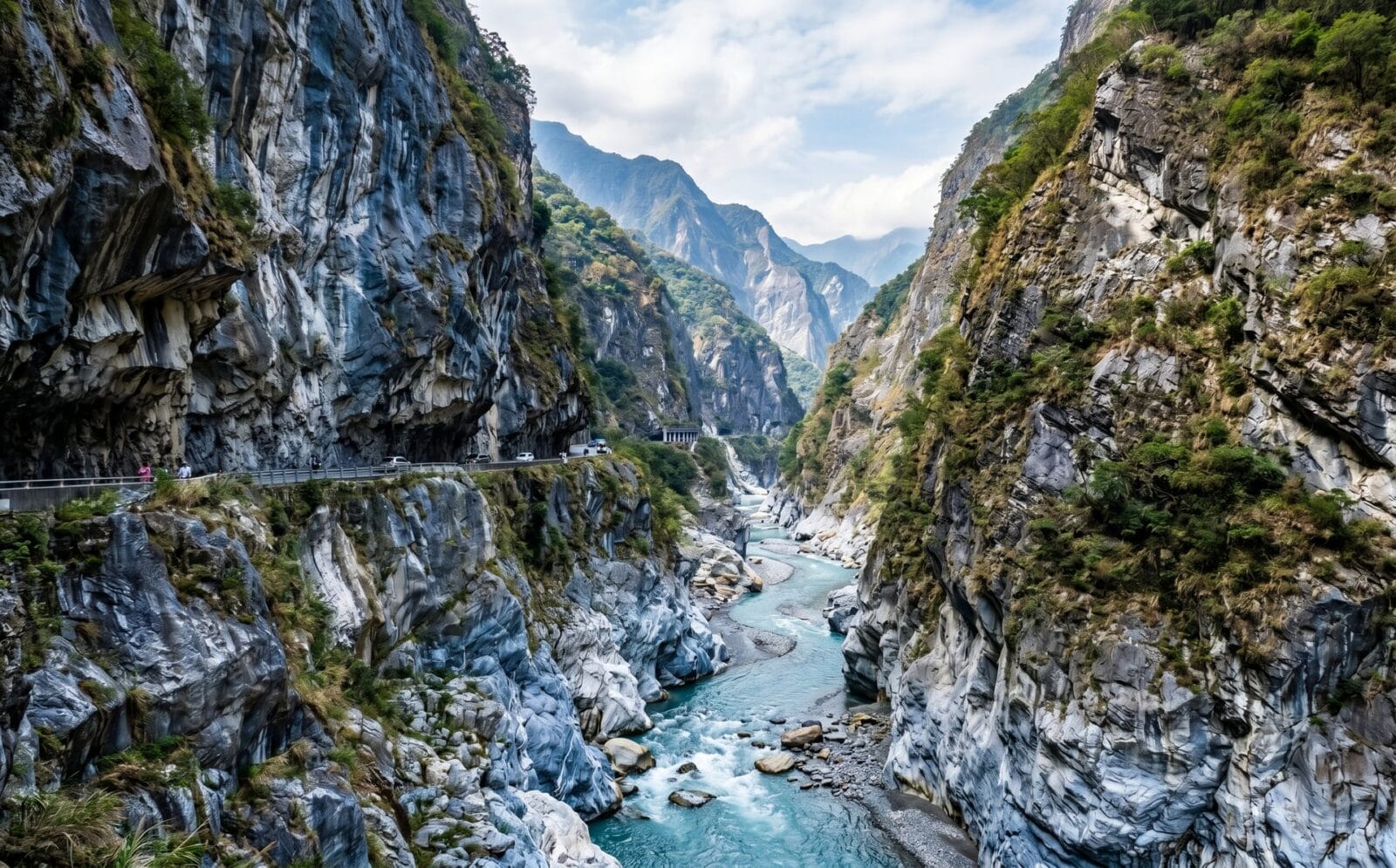 De smalle marmeren Taroko-kloof met steile blauwgrijze en witte rotswanden boven de turkooizen Liwu-rivier en een weg in de rotswand