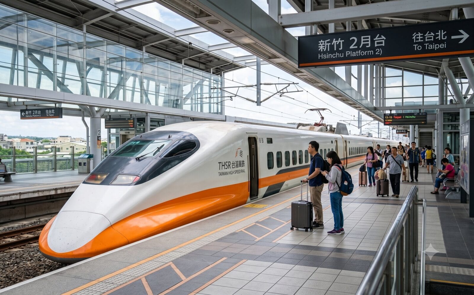 Witte hogesnelheidstrein van de Taiwan High Speed Rail aan een modern perron met Chinese en Engelse perronborden en reizigers met bagage