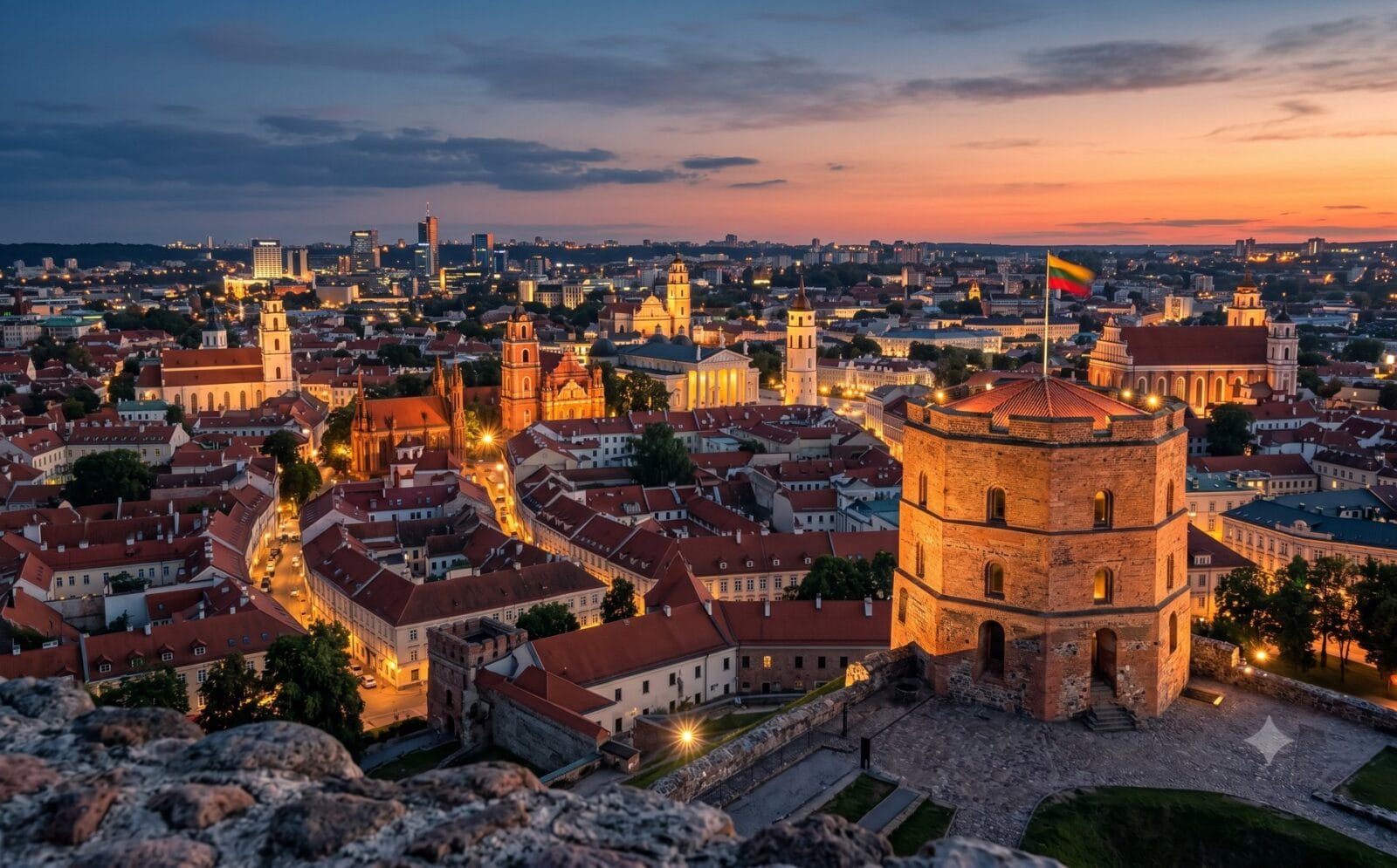 Panorama van Vilnius' oude stad vanaf de Gediminas-heuvel met barokke torens en rode daken in de schemering