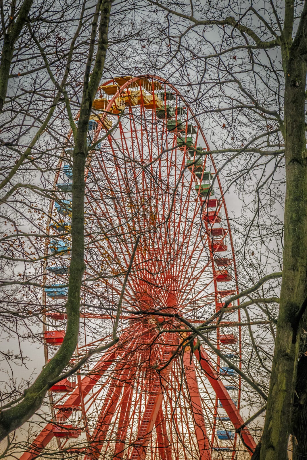 Het verlaten reuzenrad van Spreepark achter kale bomen, Berlijn