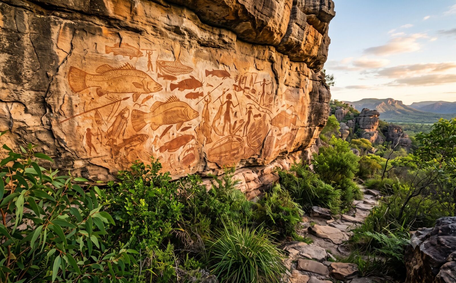 Okerkleurige Aboriginal-rotsschilderingen van vissen en figuren op een zandsteenwand in een nationaal park