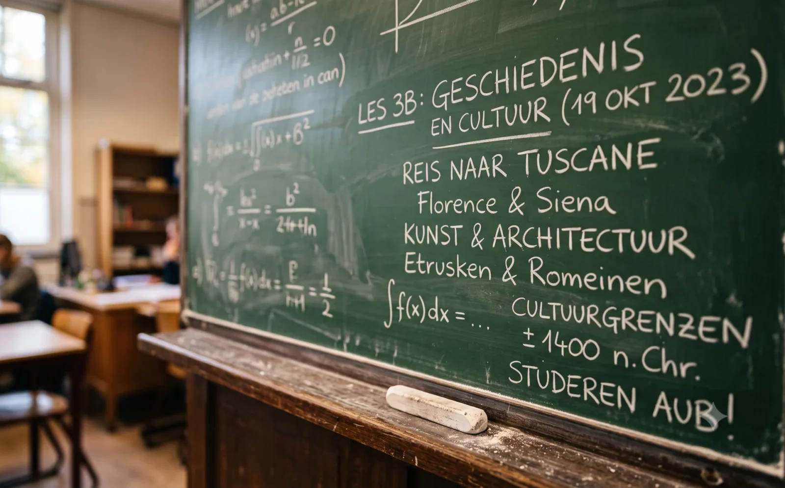 Groen krijtbord met handgeschreven letters en een stuk krijt in een klaslokaal