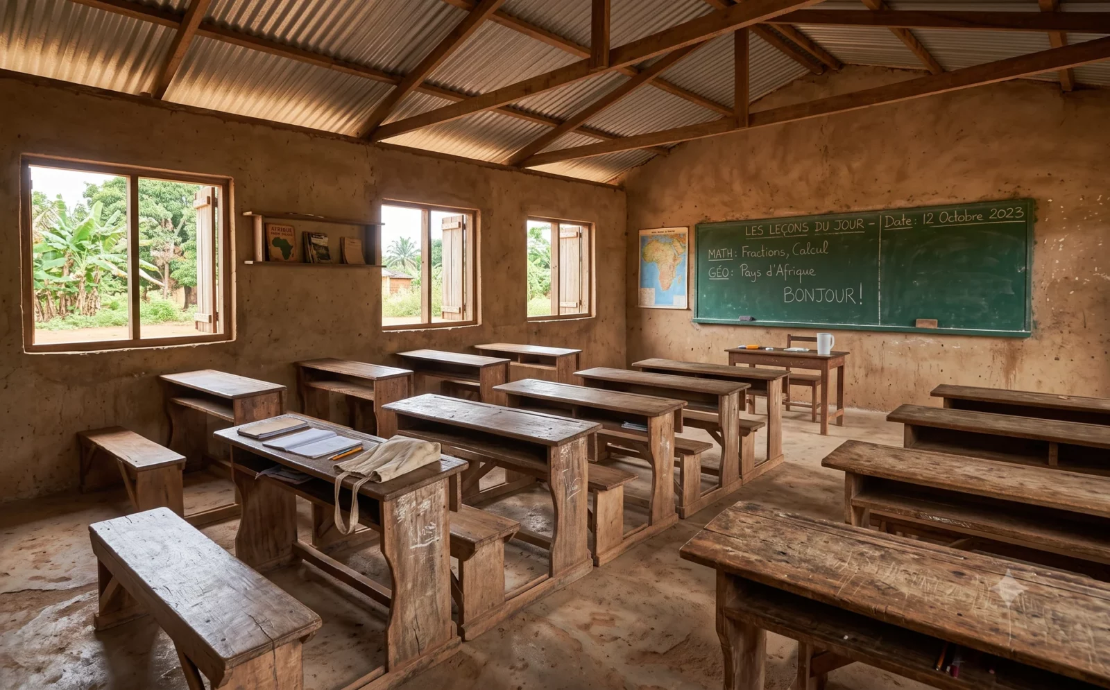 Eenvoudig leeg plattelandsklaslokaal met houten banken en een groen schoolbord