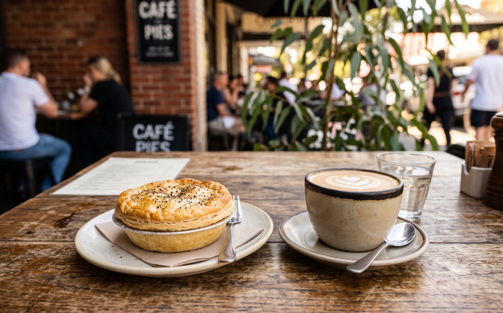 Klassieke Australische meat pie naast een flat white koffie op een houten cafétafel in warm daglicht