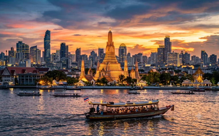 Wat Arun aan de Chao Phraya bij zonsondergang met een riviertaxi en de skyline van Bangkok