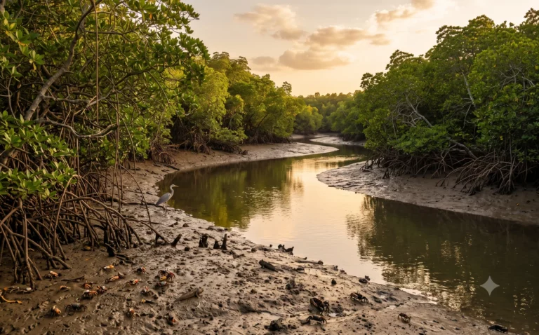 Stille getijdenkreek door dichte mangrove in Gambia bij eb, met drooggevallen oever en luchtwortels in avondlicht
