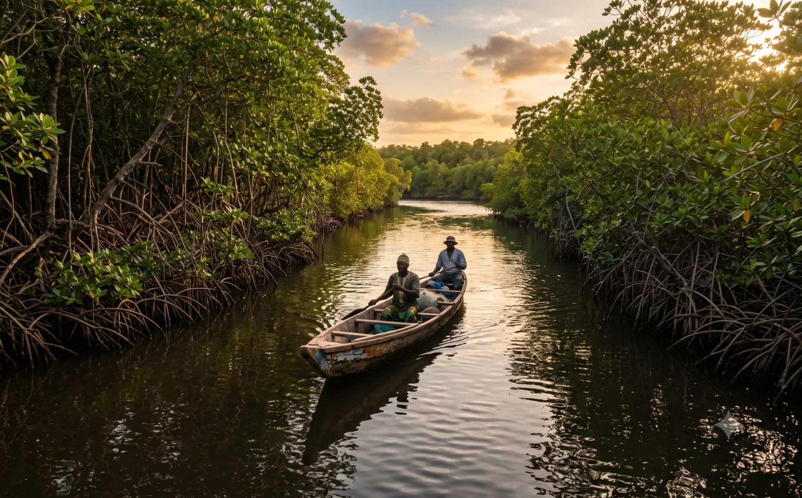 Pirogue op een mangrove-kreek bij Cap Skirring in de Casamance