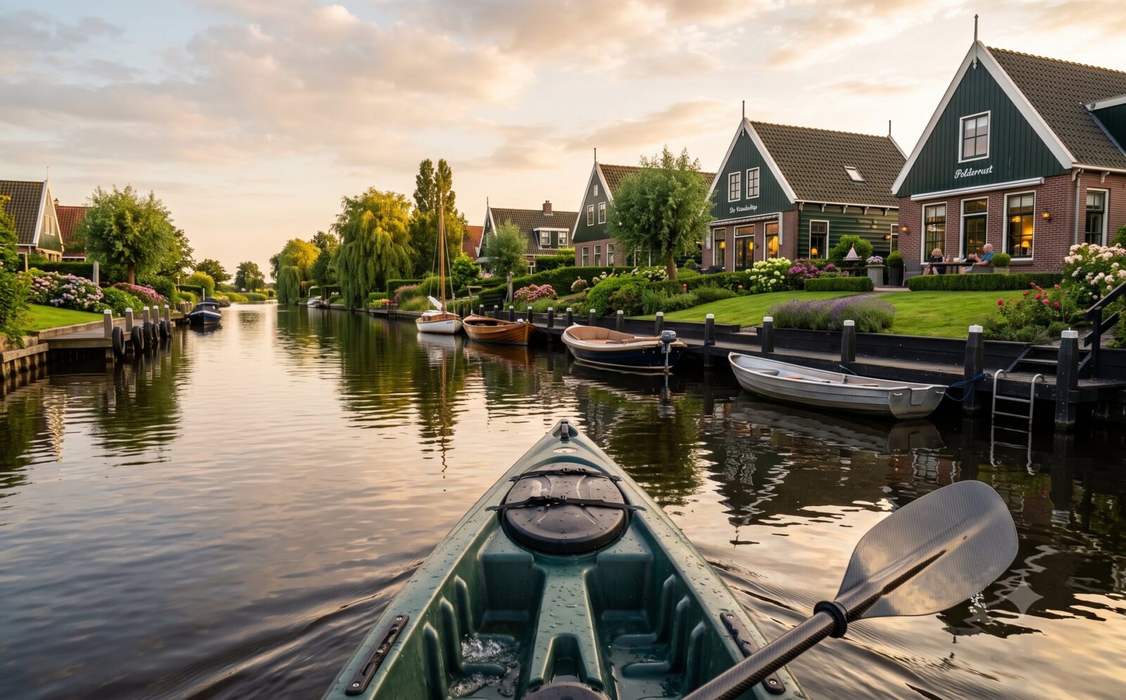 Kajak glijdt langs Nederlandse woonhuizen met eigen steiger en bootje bij Broek op Langedijk