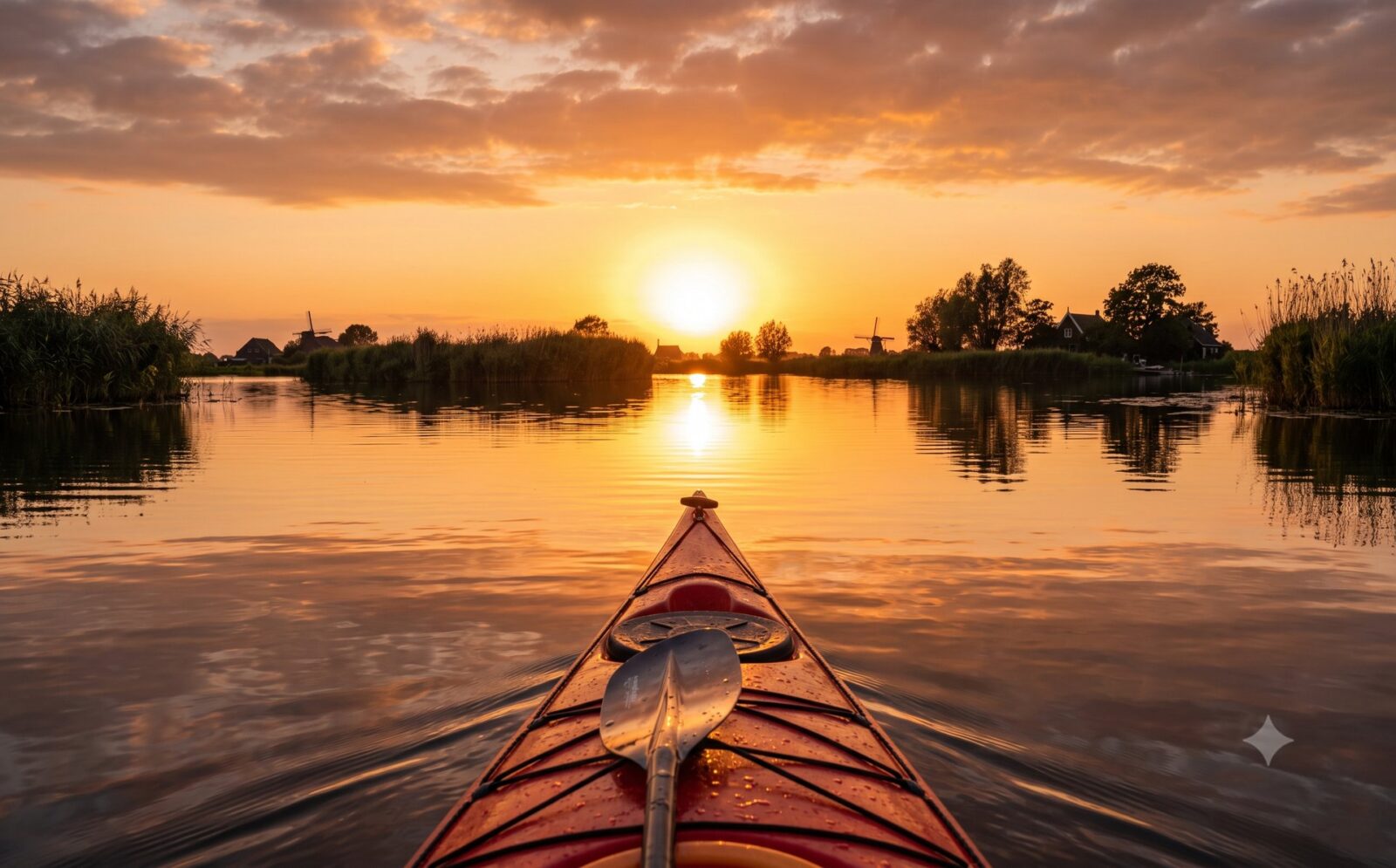 Zonsondergang boven het vlakke water vanaf een kajak bij Broek op Langedijk