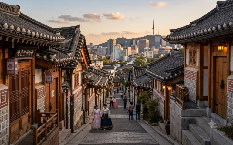 Smalle oplopende straat in Bukchon met traditionele hanok-huizen, grijze dakpannen en houten gevels, hoogbouw boven de daken
