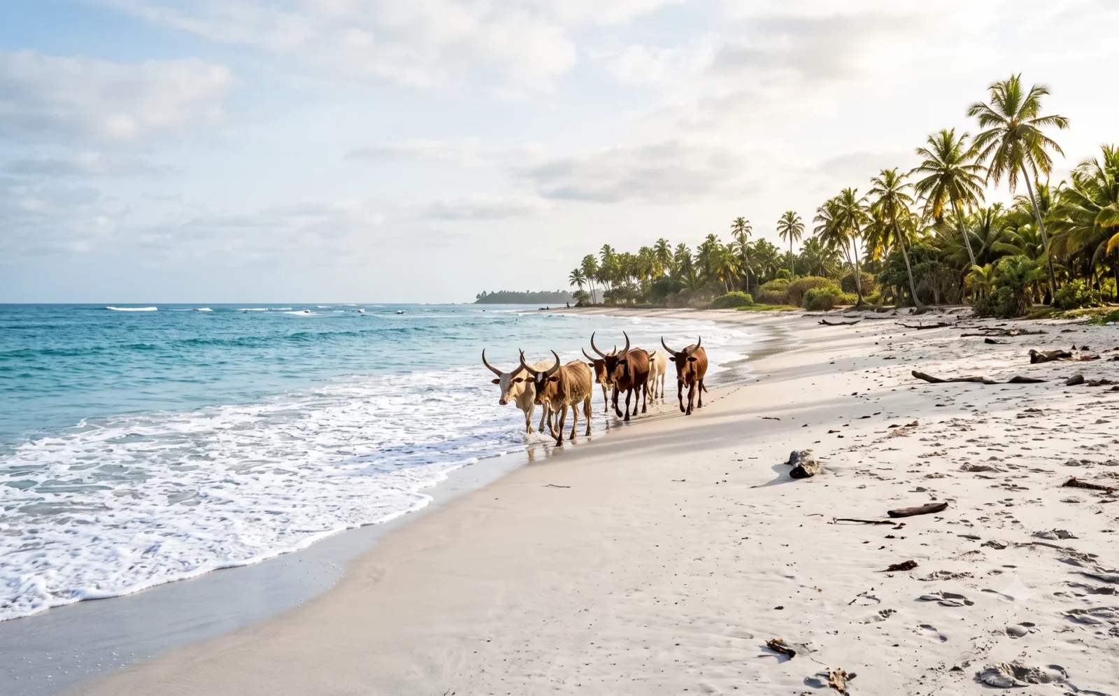 Breed, vrijwel leeg strand bij Cap Skirring met langhoornige runderen in het witte zand, Casamance, Senegal