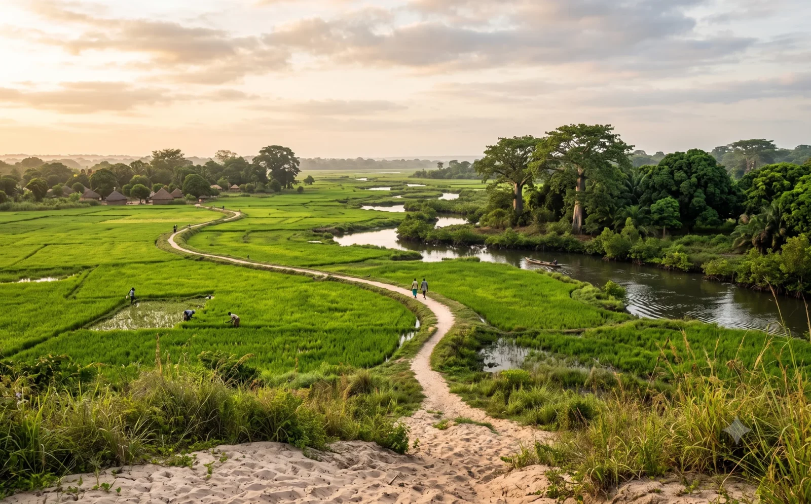 Weids groen deltalandschap in de Casamance met rijstvelden, mangrovekreken en een zandpad, Senegal