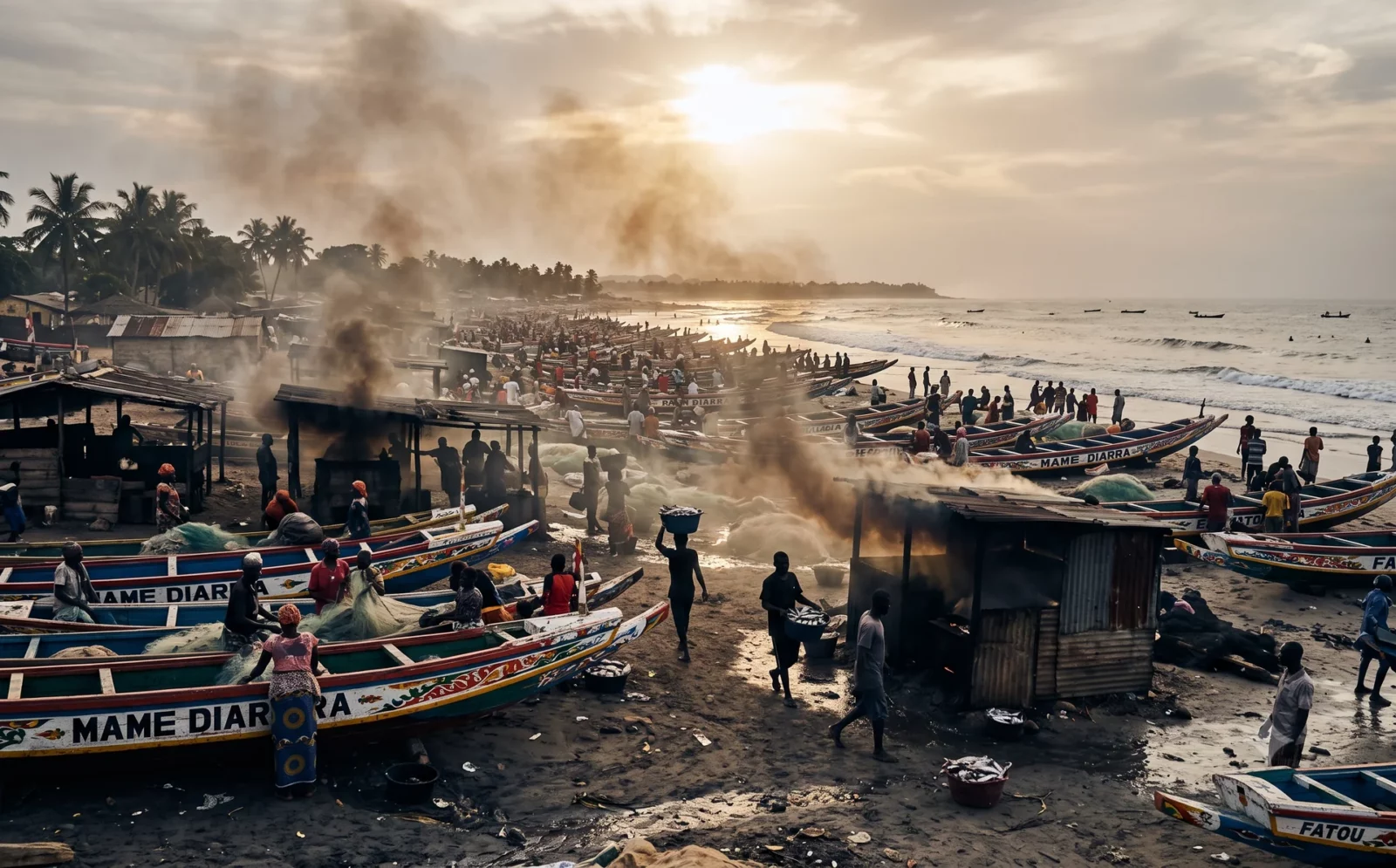 Druk vissersstrand met houten pirogues en rokende visovens in Kafountine, Casamance, Senegal