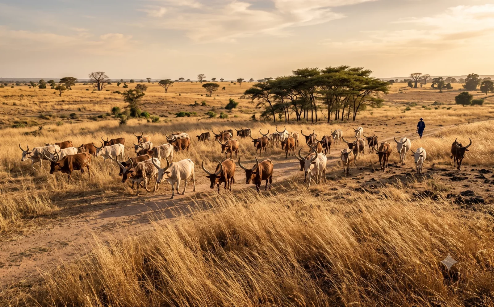 Kudde runderen met grote hoorns in open savanne in de Casamance