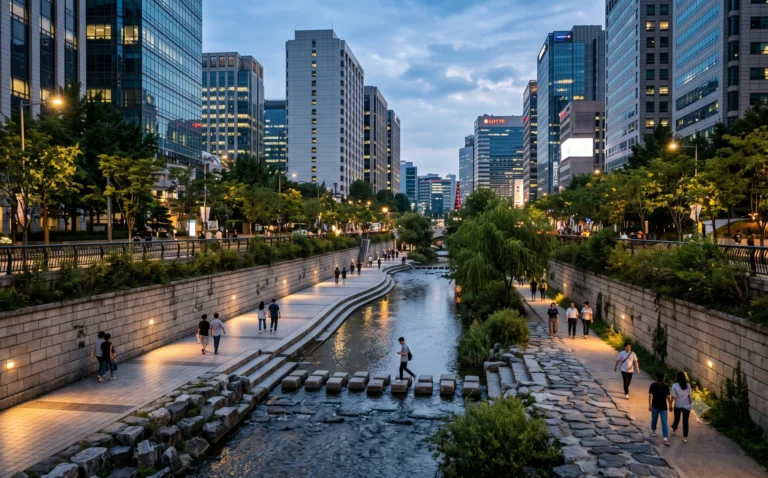 Stadsbeek twee meter onder straatniveau in Seoul, met gemetselde kademuren, wandelpaden, stapstenen en glazen kantoortorens erboven