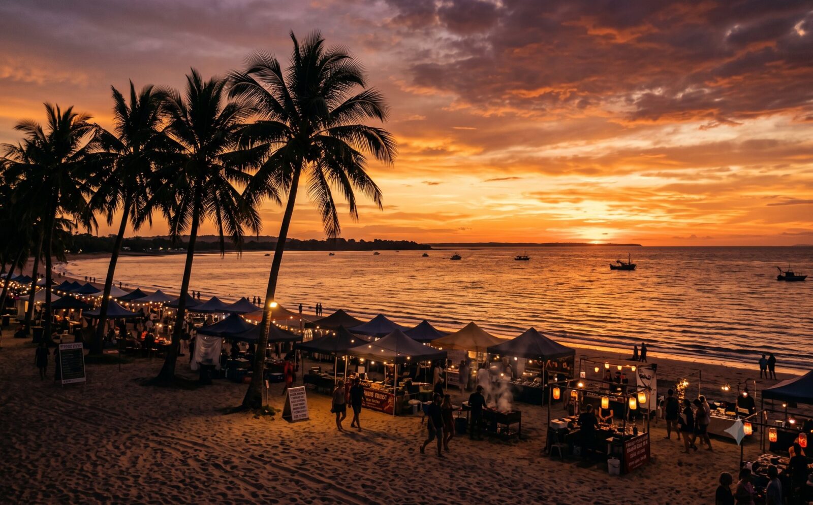 Tropische zonsondergang boven de Timorzee bij Darwin met silhouetten van palmen en marktkraampjes op Mindil Beach