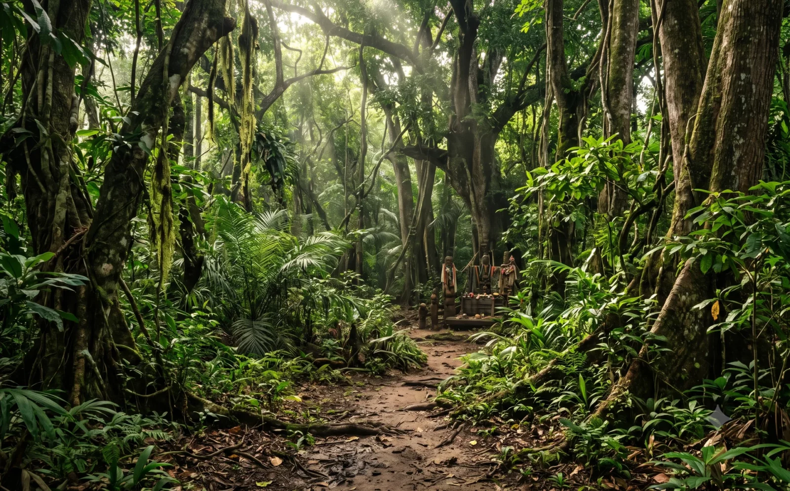 Dicht groen heilig bos in de Casamance met gefilterd zonlicht