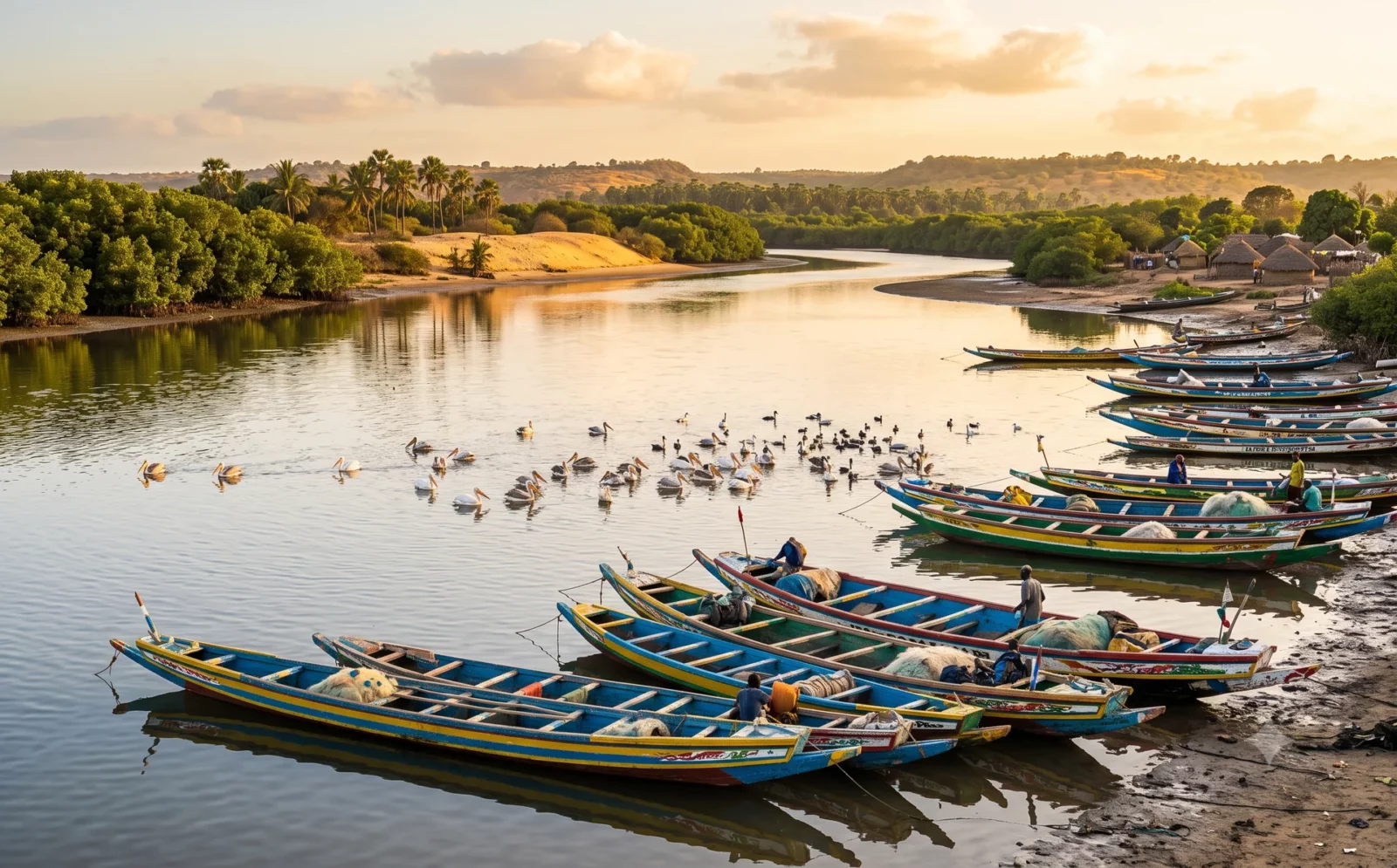 Kleurige houten vissersboten en pelikanen op de Allahein-grensrivier tussen Gambia en Senegal