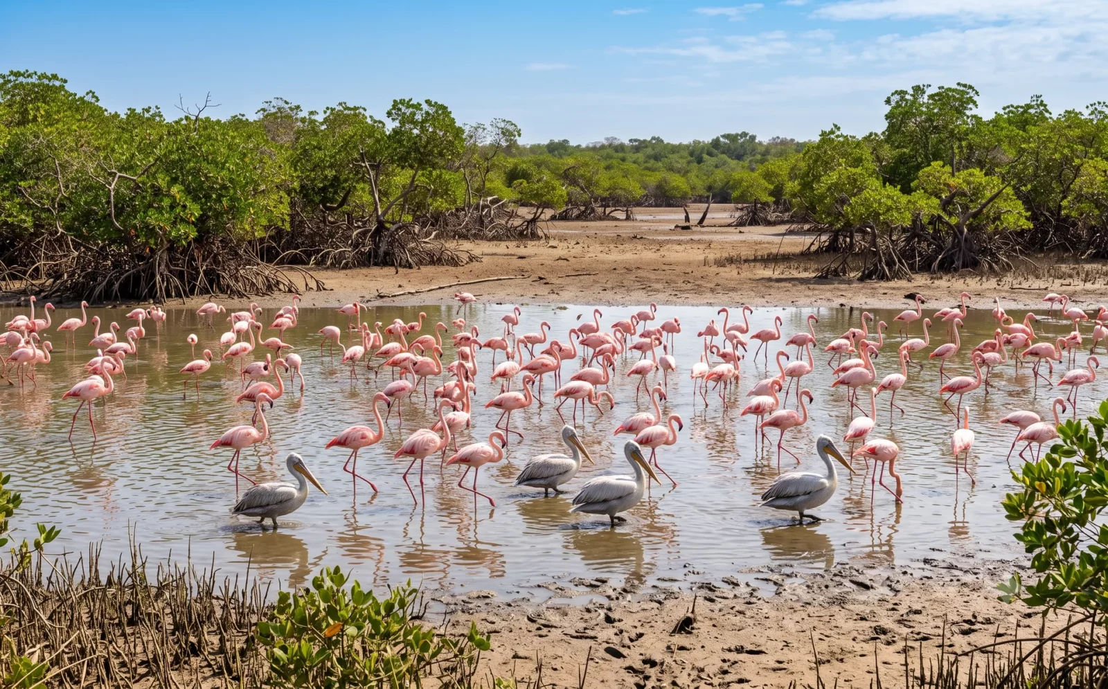 Kolonie roze flamingos met pelikanen in de Bao Bolong Wetland Reserve in Gambia