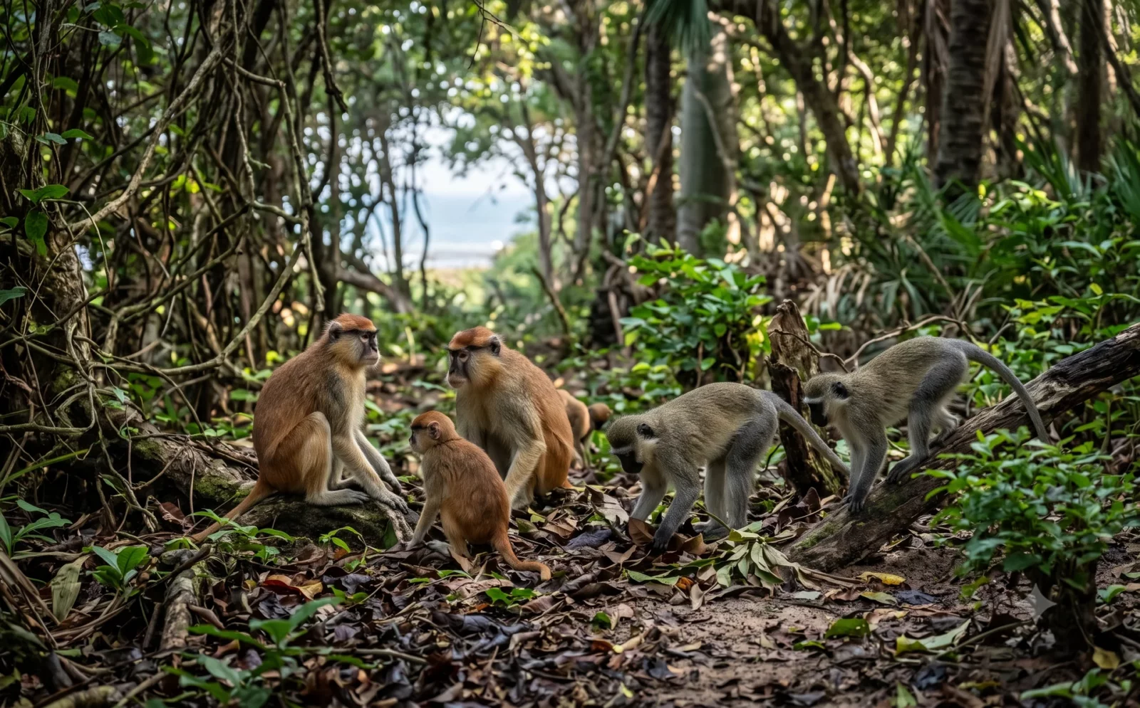 Roodbruine patas-apen en groene meerkatten in Bijilo Forest Park aan de Gambiaanse kust