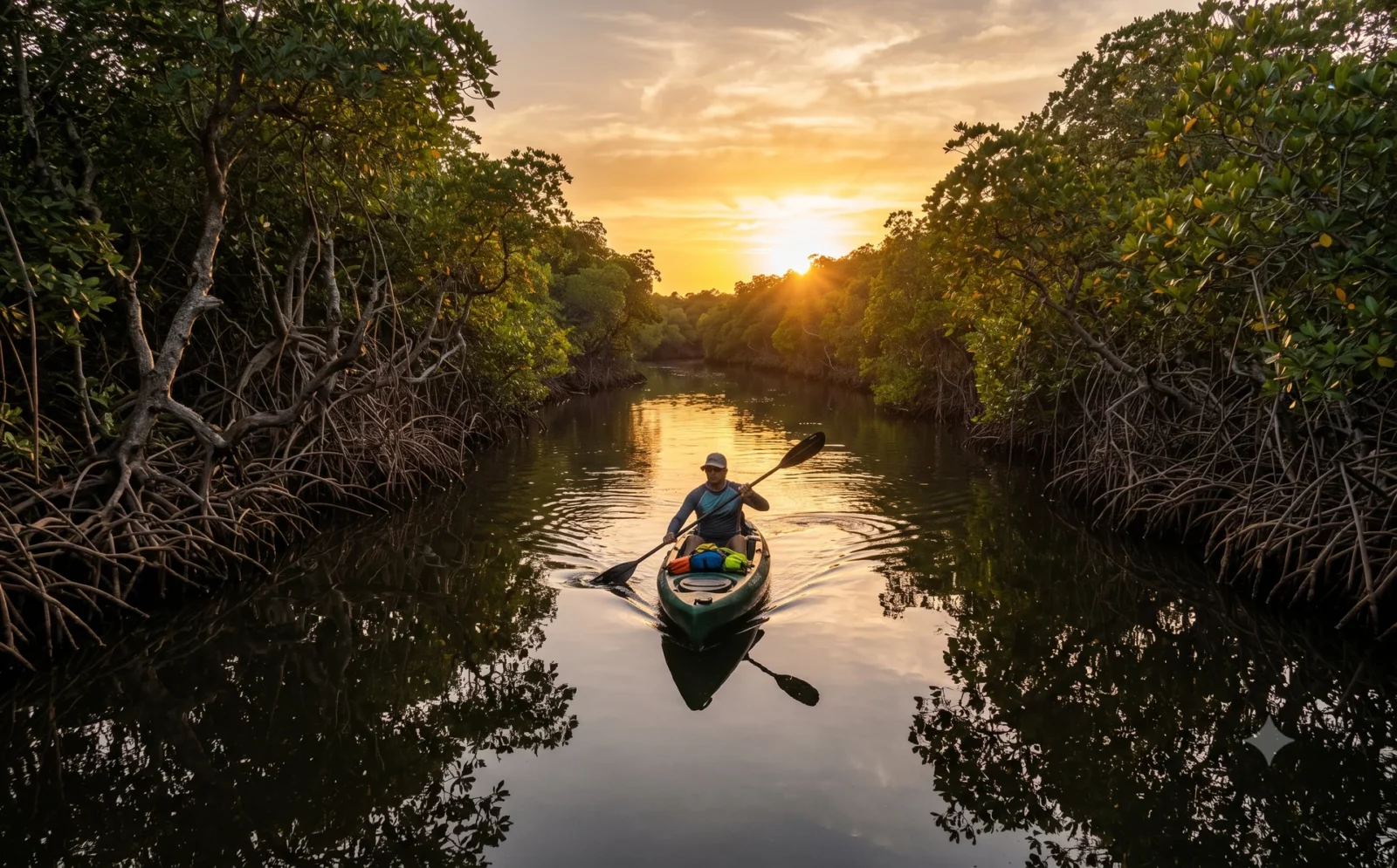Kajak op een smalle, spiegelgladde mangrove-kreek in Gambia bij avondzon